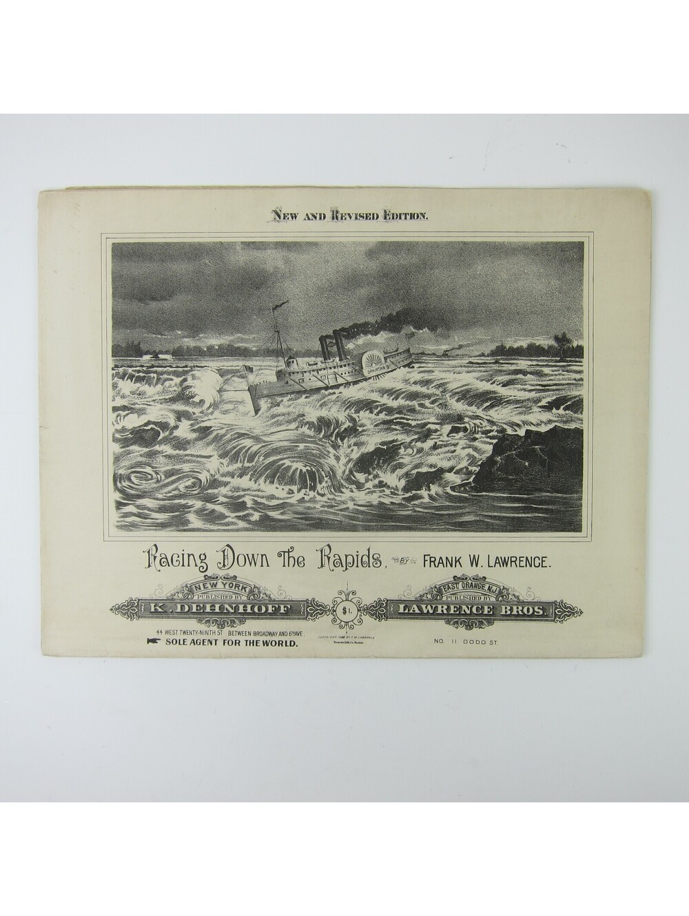 Sheet Music Racing Down The Rapids Frank Lawrence Spartan Steamboat Antique 1888